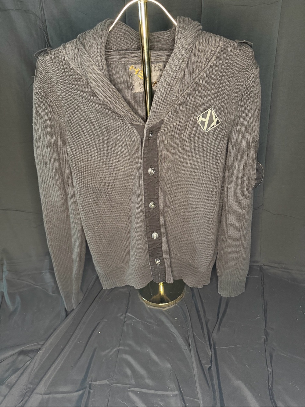 Y2K Helix Men's Hooded Button-Front Cardigan in Charcoal 0368